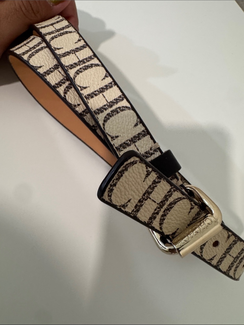 Patterned Leather Strap with Gold-Tone Buckle - Cream & Black
